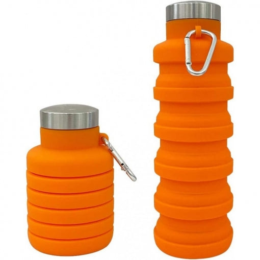 Botella plegable de silicona con tapón a rosca y mosquetón |